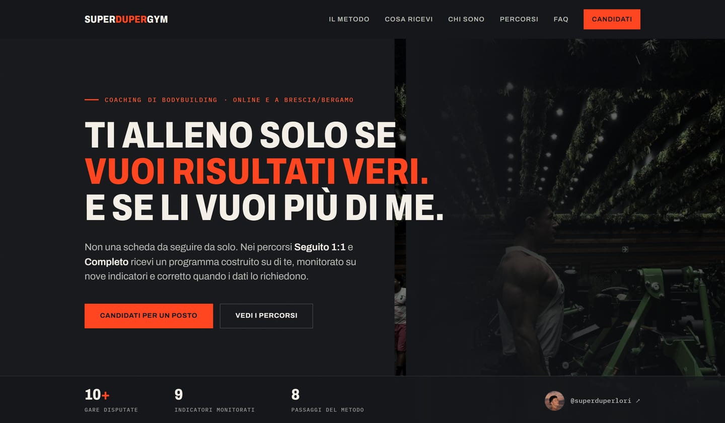 Homepage di SuperDuperGym, brand proprio di coaching e fitness.
