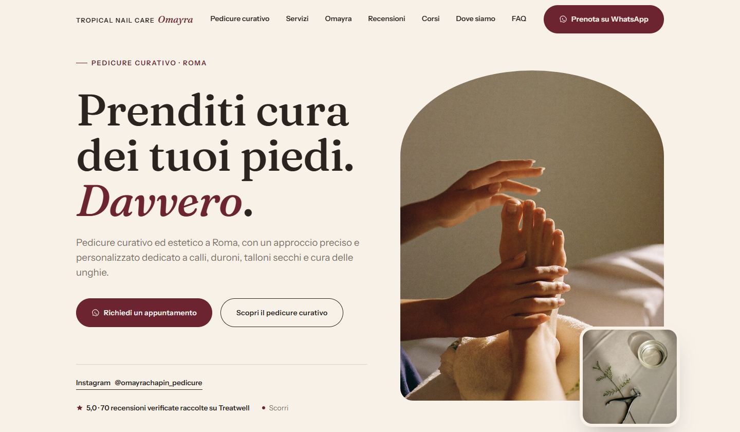 Homepage del sito Tropical Nail Care Omayra, pedicure curativo a Roma.